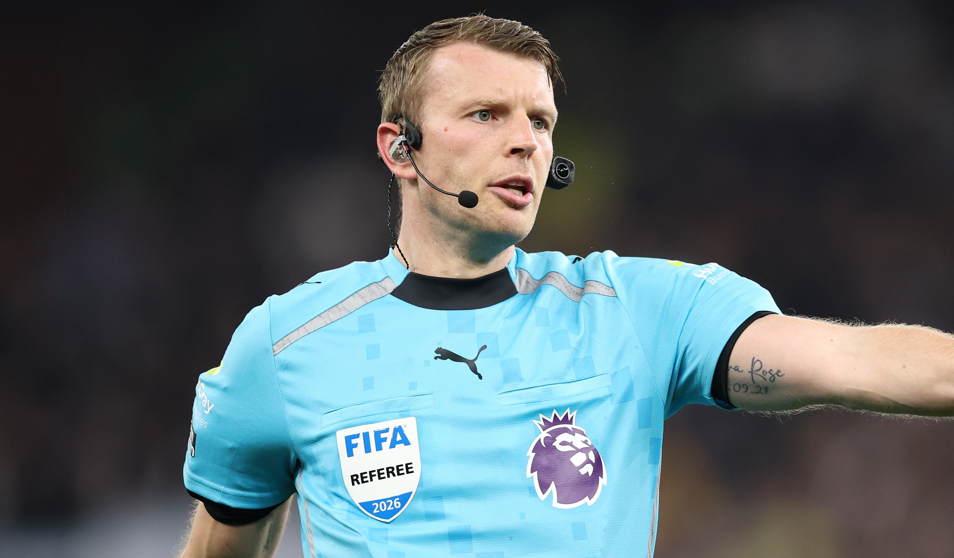 Referee, Samuel Barrott during the Premier League match between Aston Villa and Tottenham Hotspur at Villa Park on May 03, 2026 in Birmingham, England