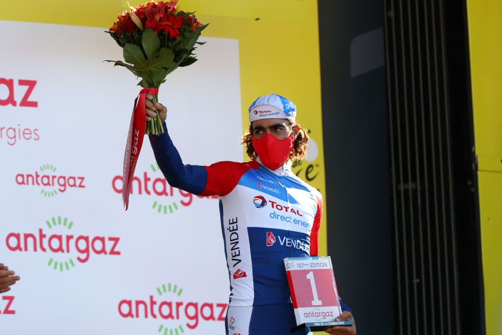 SISTERON FRANCE AUGUST 31 Podium Jerome Cousin of France and Team Total Direct Energie Most Combative Rider Celebration during the 107th Tour de France 2020 Stage 3 a 198km stage from Nice to Sisteron 488m TDF2020 LeTour on August 31 2020 in Sisteron France Photo by Michael SteeleGetty Images