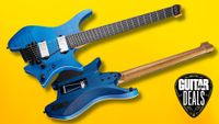 A Strandberg Boden Prog NX7 electric guitar on a yellow background