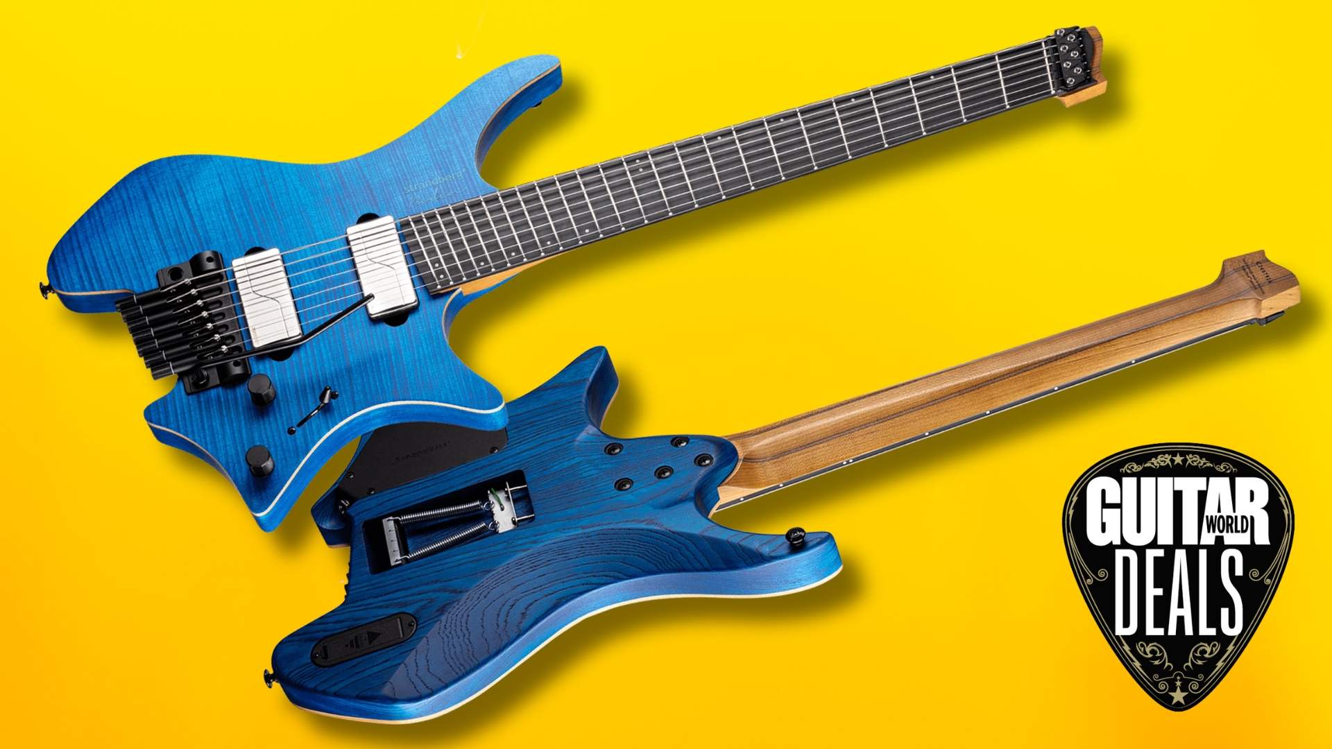 A Strandberg Boden Prog NX7 electric guitar on a yellow background