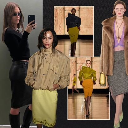 pencil skirt trend: hailey bieber wearing a pencil skirt; zoe kravitz wearing a pencil skirt, runway models wearing pencil skirts