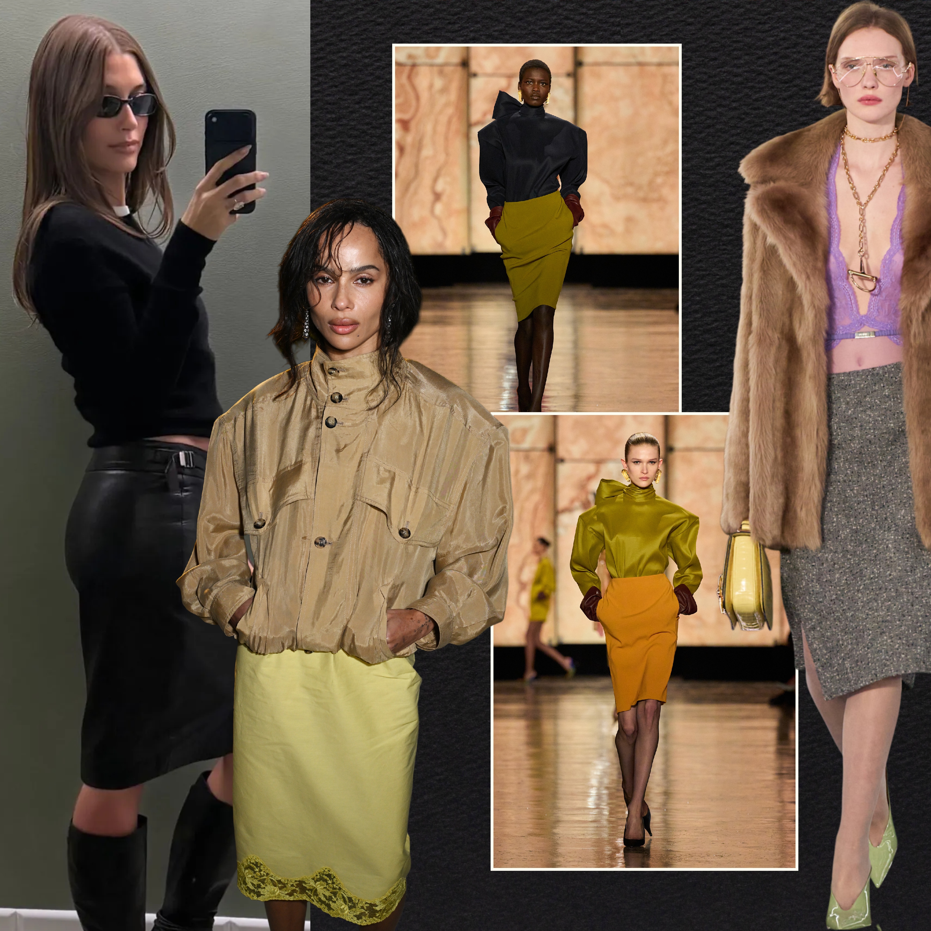 pencil skirt trend: hailey bieber wearing a pencil skirt; zoe kravitz wearing a pencil skirt, runway models wearing pencil skirts