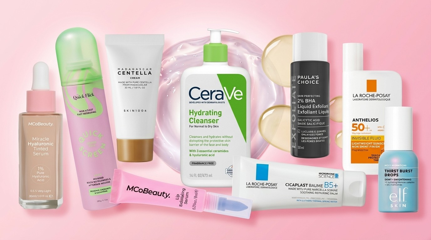 Beauty products on pink background
