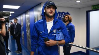 Hakim Ziyech of Chelsea arrives prior to kick off of the Premier League match between Everton FC and Chelsea FC at Goodison Park on August 06, 2022 in Liverpool, England