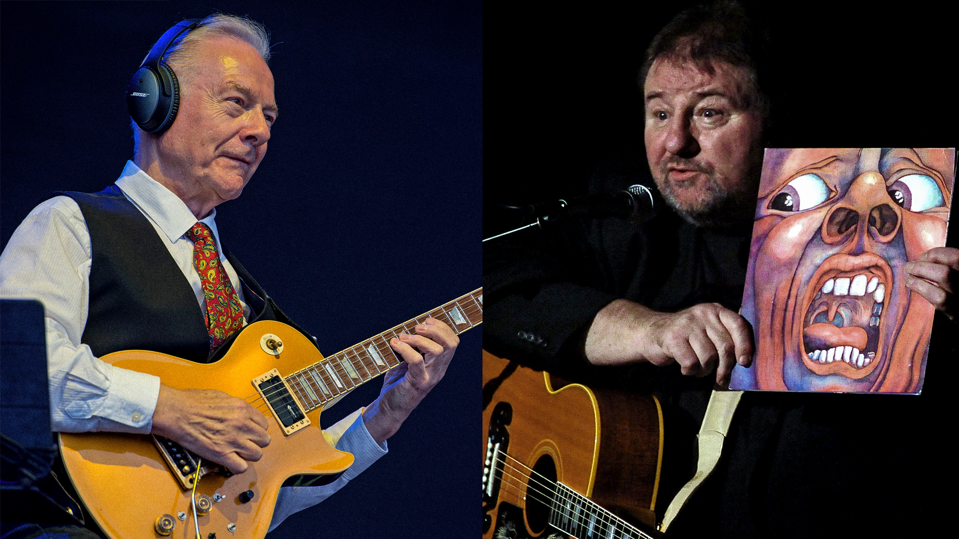 LEFT: Robert Fripp performs at Fairport's Cropredy Convention 2023 on August 10, 2023 in Cropredy, Oxfordshire. RIGHT: Greg Lake performs in solo his concert "Songs of a Lifetime" at Auditorium Manzoni on December 2, 2012 in Bologna, Italy.  