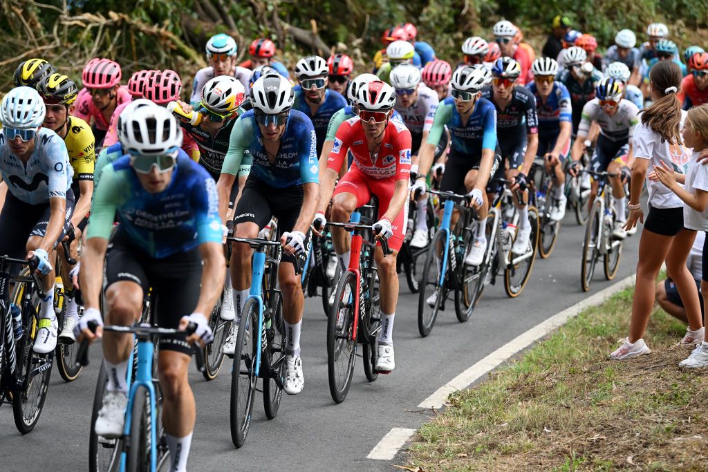 PADRON SPAIN AUGUST 28 LR Bruno Armirail of France and Ben OConnor of Australia and Team Decathlon AG2R La Mondiale Red Leader Jersey compete during the La Vuelta 79th Tour of Spain 2024 Day 11 a 1665km stage from Padron to Padron UCIWT on August 28 2024 in Padron Spain Photo by Dario BelingheriGetty Images