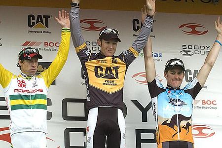 The Tour's top three (l-r): Peter McDonald (2nd,Drapac Porsche), Bernard Sulzberger (1st,Fly V Australia), and Luke Durbridge (3rd,Jayco/AIS).