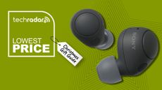 Sony earbuds on green starry background with a Christmas gift-tag