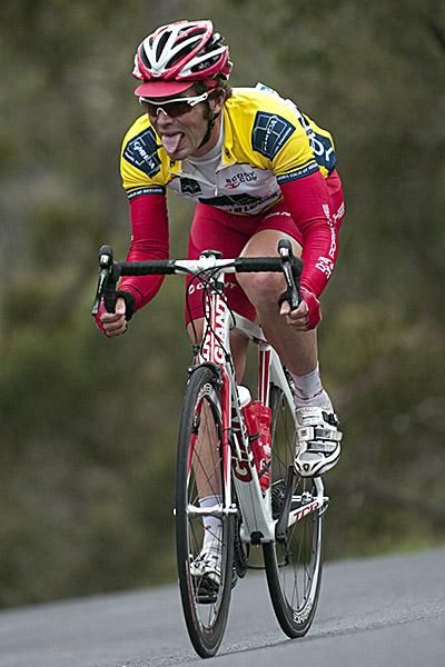 Sour taste: Tour leader Rhys Pollock (Drapac Porsche) finds the going tough on a climb before relenquishing his yellow jersey to Rohan Dennis (Team Jayco Skins) at the completion of the stage.