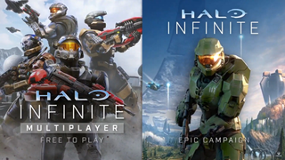 Screenshot from Xbox E3 2021 showcase showing both Halo Infinite campaign and multiplayer banners.