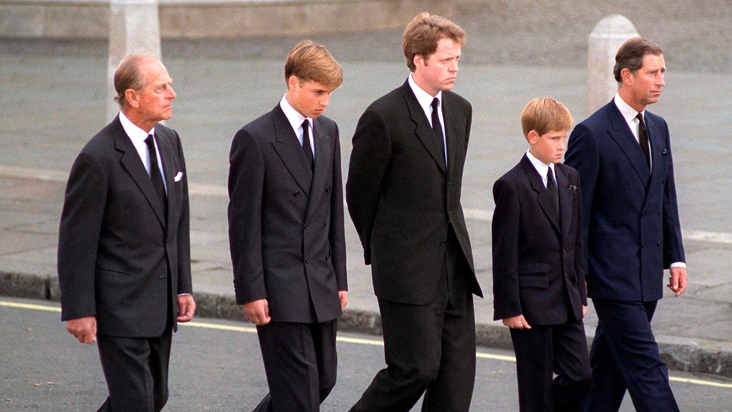 Prince Philip, Prince William, Earl Spencer, Prince Harry and King Charles following the coffin of Diana, Princess of Wales