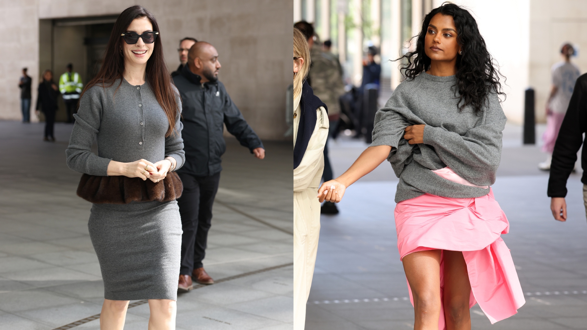 An image of Anne Hathaway and Simone Ashley wearing grey knits with spring skirts. 