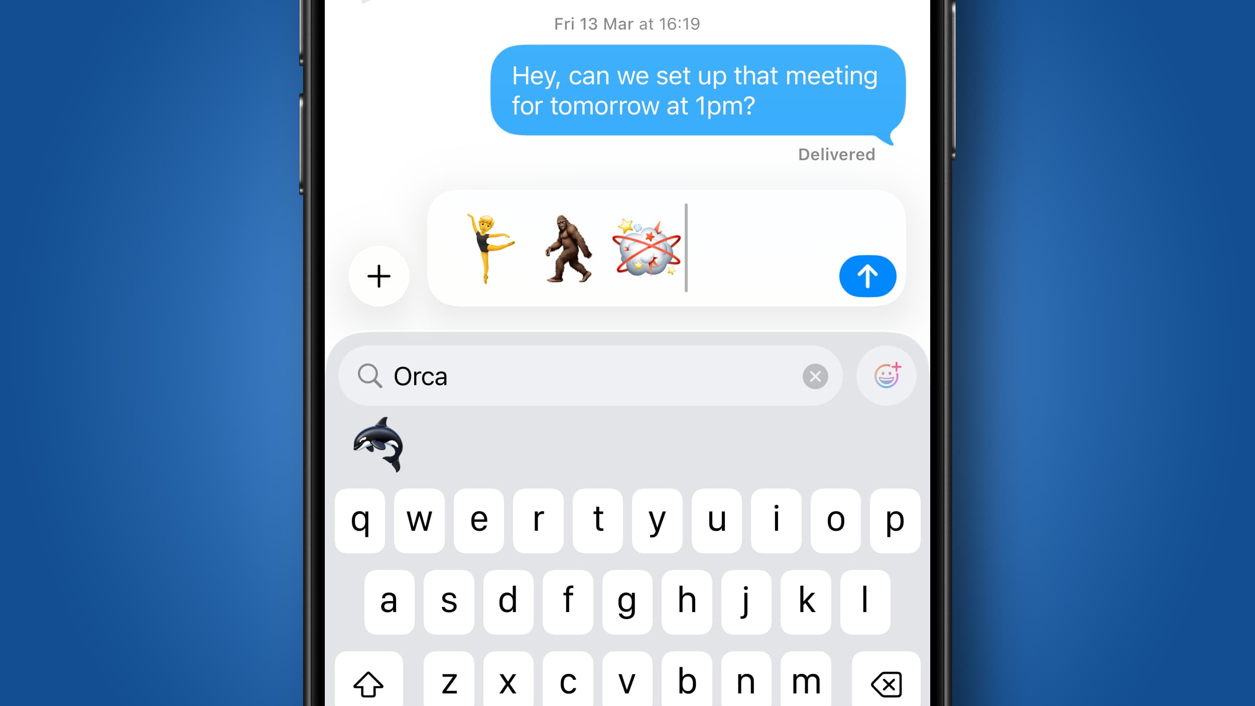 An iPhone 16 Pro showing new emoji in iOS 26.4 against a blue background.