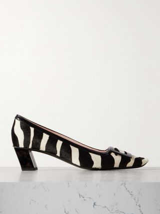 Buckle-Embellished Zebra-Print Pony Hair Pumps