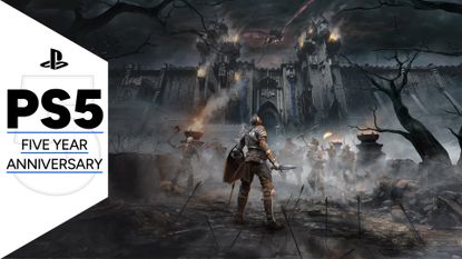 Key art for Demon's Souls showing a knight in front of a dark castle as enemies approach, with the PS5 five year anniversary GamesRadar+ frame along the side