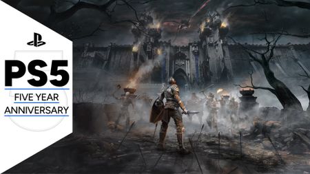 Key art for Demon's Souls showing a knight in front of a dark castle as enemies approach, with the PS5 five year anniversary GamesRadar+ frame along the side