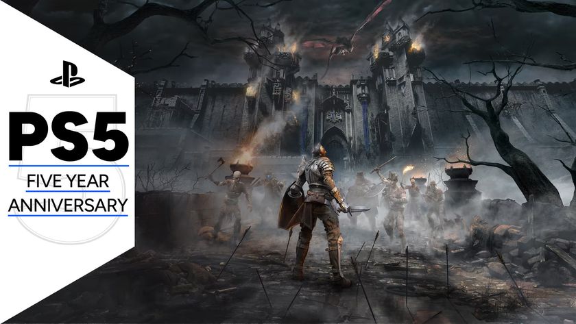 Key art for Demon&#039;s Souls showing a knight in front of a dark castle as enemies approach, with the PS5 five year anniversary GamesRadar+ frame along the side