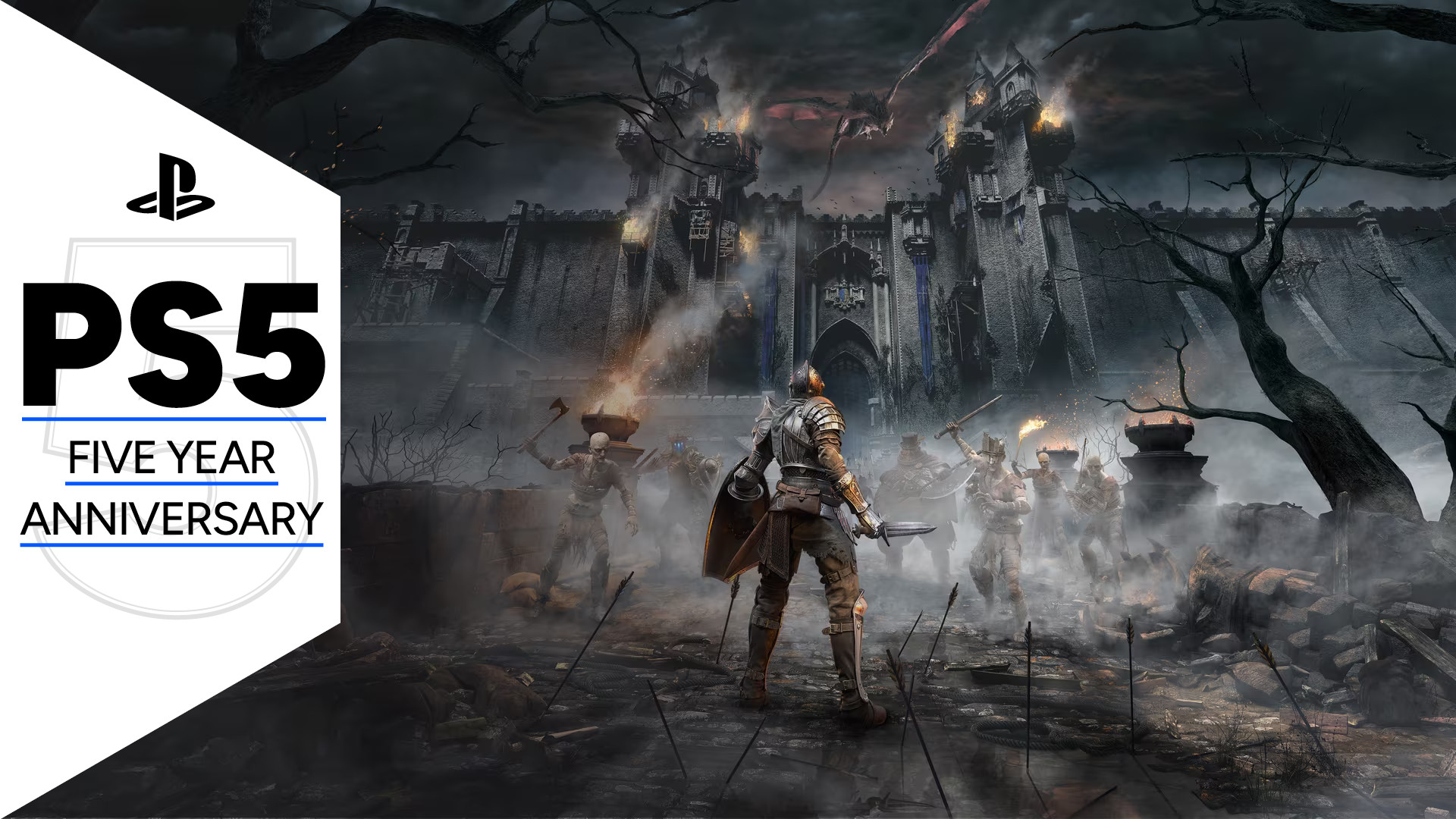 Key art for Demon&#039;s Souls showing a knight in front of a dark castle as enemies approach, with the PS5 five year anniversary GamesRadar+ frame along the side