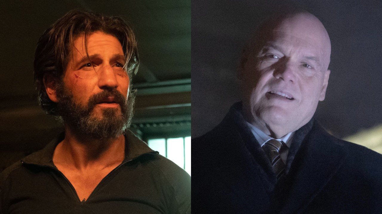 Frank Castle (Jon Bernthal) talks to Matt Murdock, while Wilson Fisk (Vincent D&#039;Onofrio) looks over the city on Daredevil: Born Again