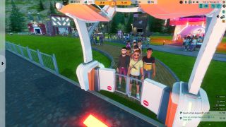 Guests stand at the gate for a ride in a player built amusement park in the game Park Beyond