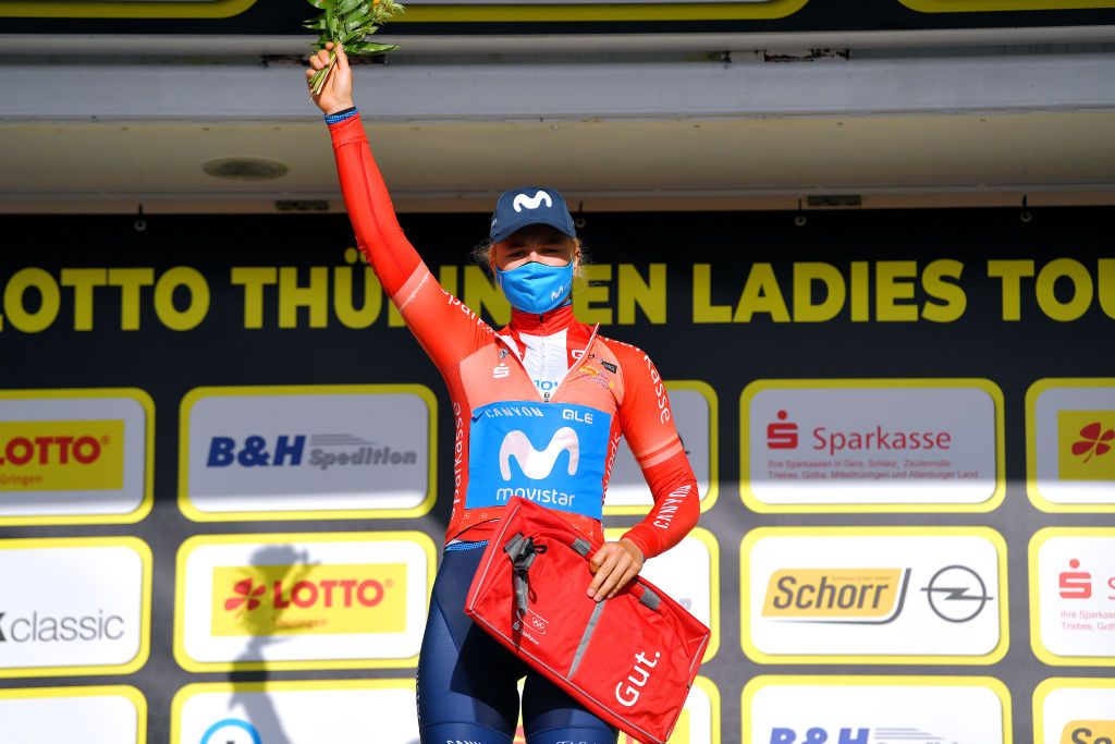 DRTENDORF GERMANY MAY 28 Emma Norsgaard Jorgensen of Denmark and Movistar Team red best young jersey during the 34th Internationale LOTTO Thringen Ladies Tour 202 Stage 4 a 101km stage from Drtendorf to Drtendorf 420m ltlt2021 lottothueringenladiestour womencycling on May 28 2021 in Drtendorf Germany Photo by Luc ClaessenGetty Images