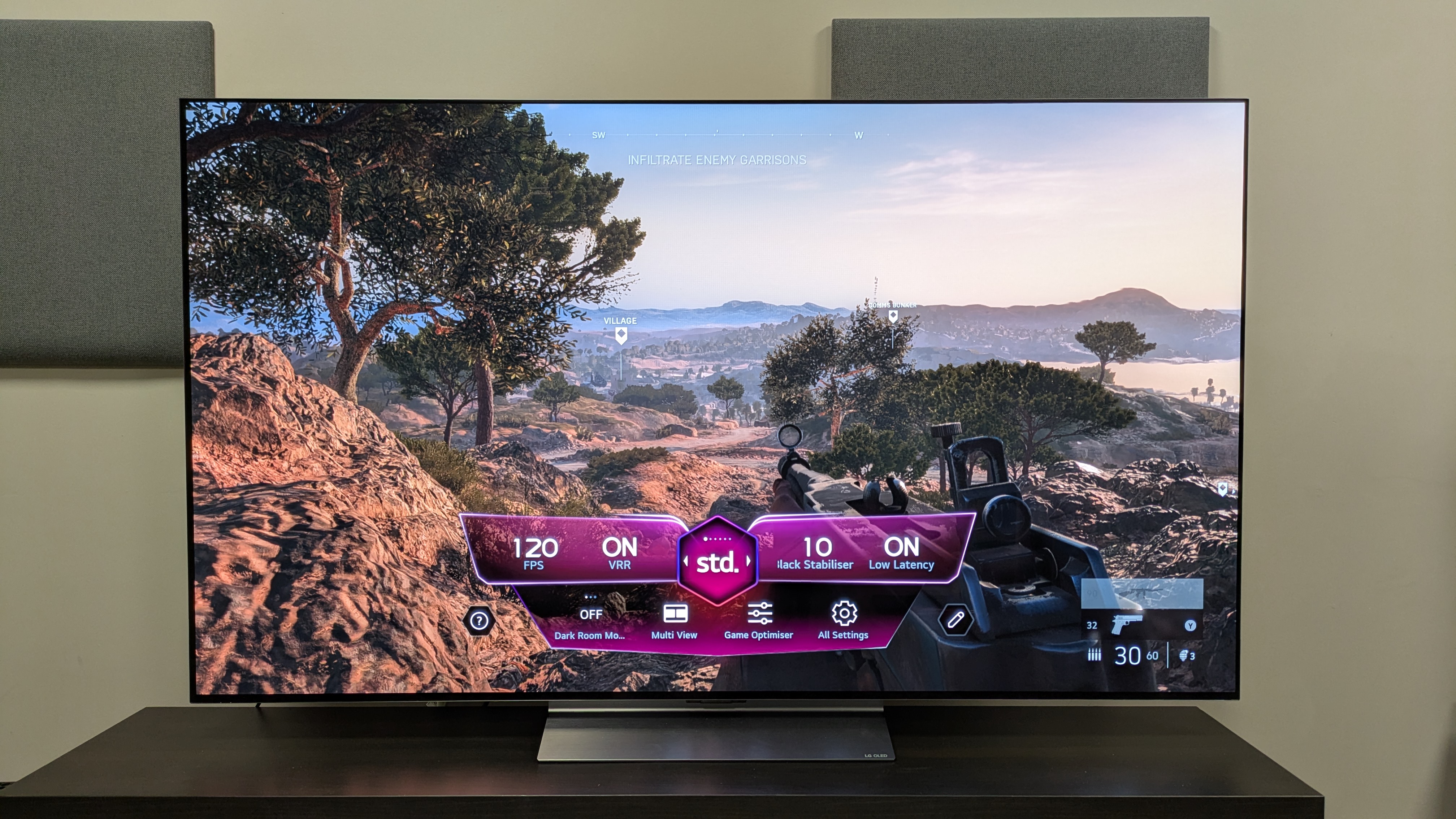 LG C6 OLED TV with Battlefield V and Game Optimiser dashboard on screen