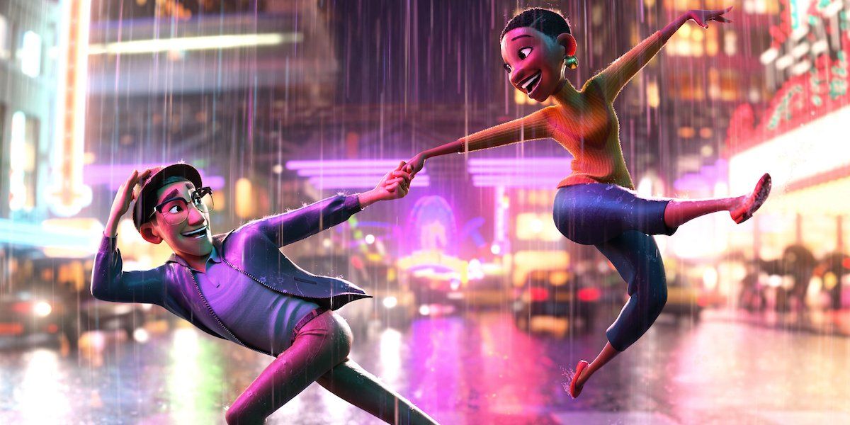 Art and Dot dancing in the rain outside a theater in Disney Animation&#039;s Us Again