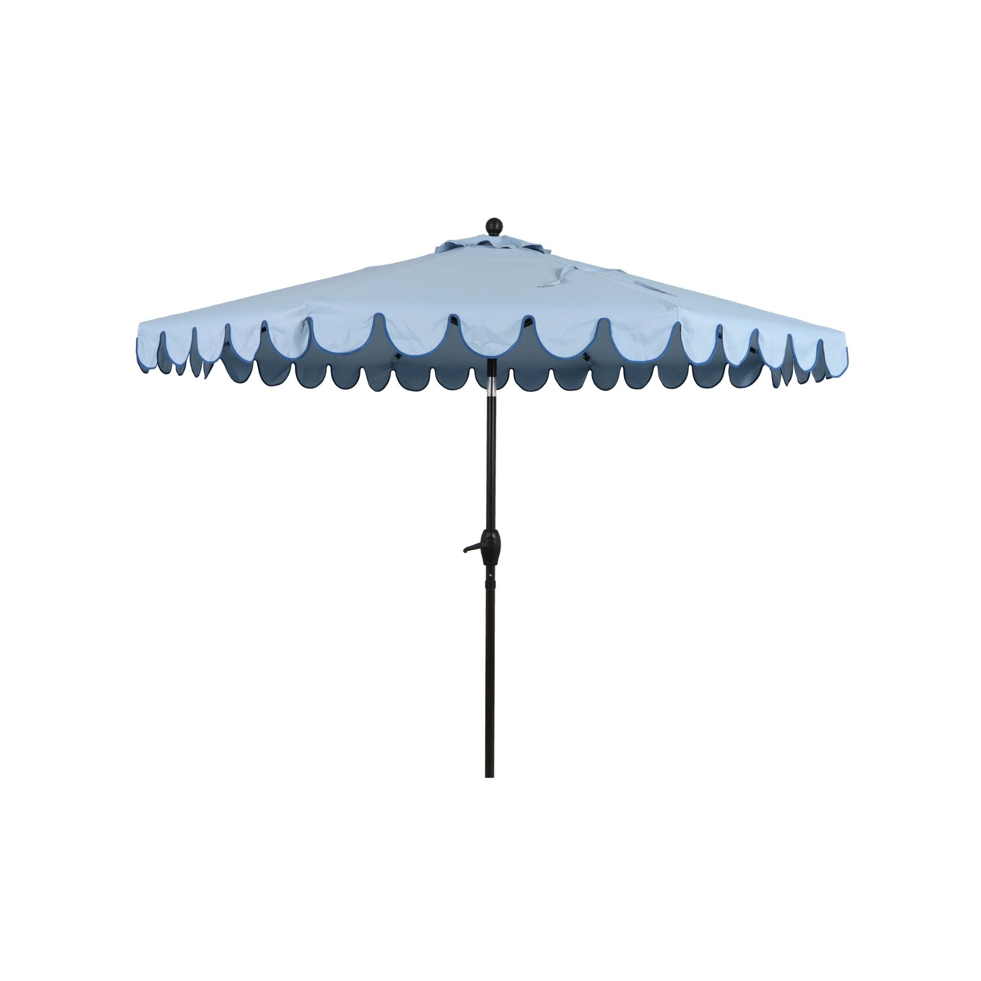 A blue outdoor parasol with scalloped edges and a black base
