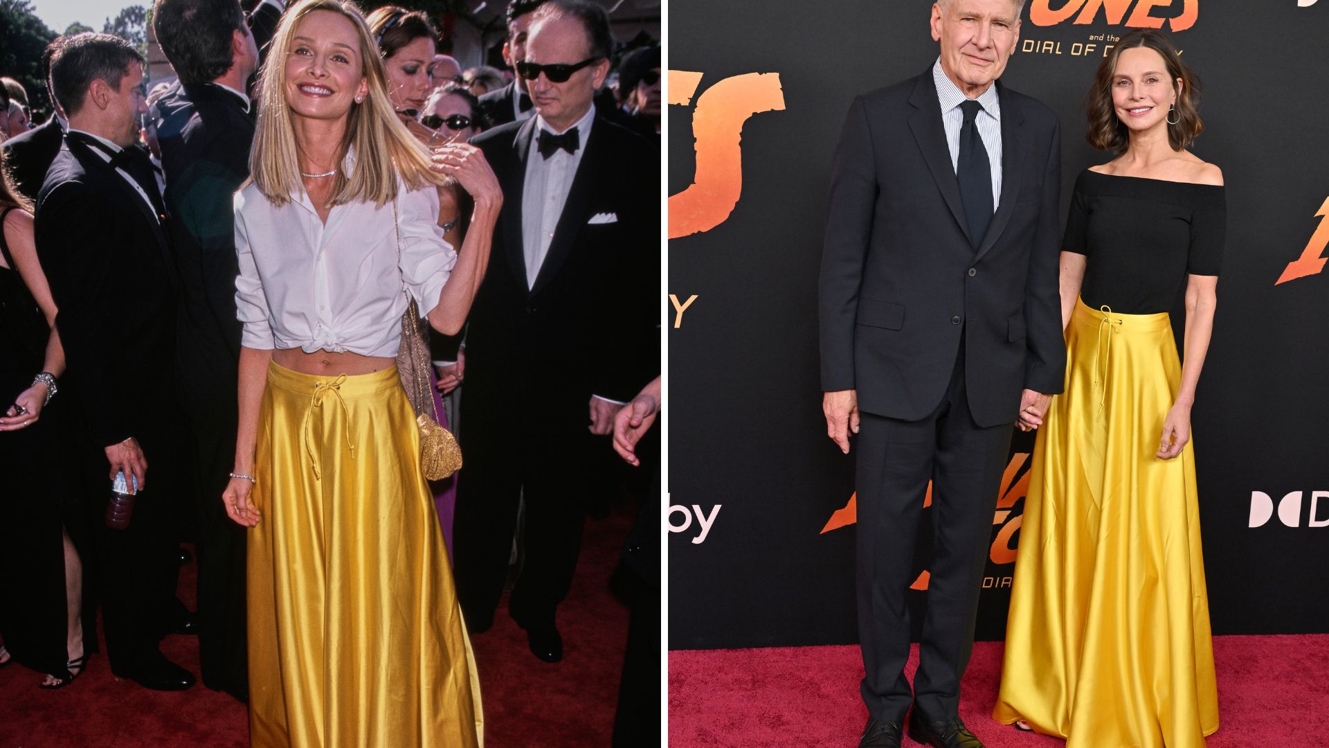 L-Calista Flockhart at the 1999 Emmys, R-Harrison Ford and Calista Flockhart in 2023