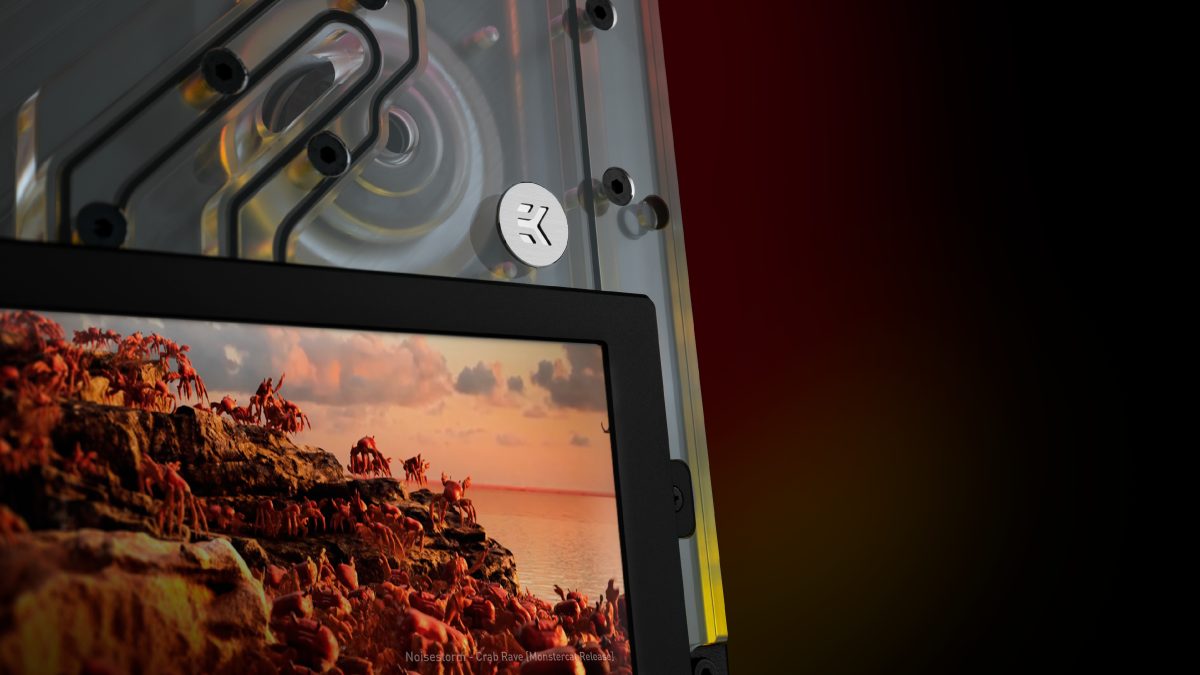 EK's new distro plate for Lian Li case with a 7-inch screen built-in