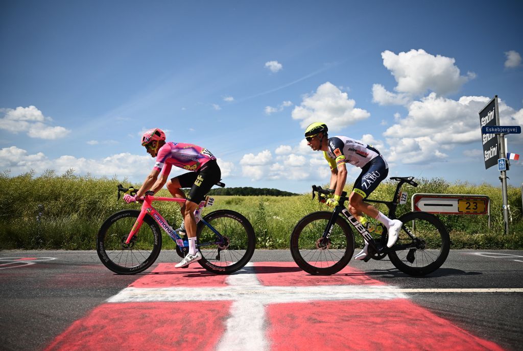 EF EducationEasypost teams Danish rider Magnus Cort Nielsen L and IntermarcheWantyGobert Materiaux teams Norwegian rider Erik Sven Bystrom R cycle in a breakaway during the 2nd stage of the 109th edition of the Tour de France cycling race 2022 km between Roskilde and Nyborg in Denmark on July 2 2022 Photo by Marco BERTORELLO AFP Photo by MARCO BERTORELLOAFP via Getty Images