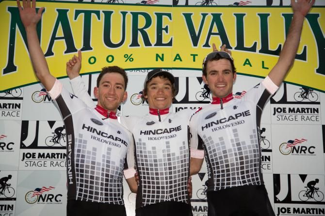 Hincapie Sportswear Development Team sweeps the podium with Robin Carpenter taking the win, Joe Lewis in second, and Joey Rosskopf for third.