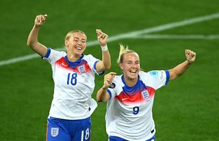 Chloe Kelly and Beth Mead celebrate a goal against Wales