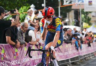 Canadian Isabella Holmgren of Lidl-Trek reacts at the finish line on her solo victory