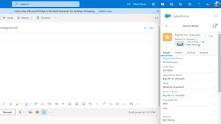 A new email in Microsoft Outlook with the Salesforce app panel displaying a contact record.