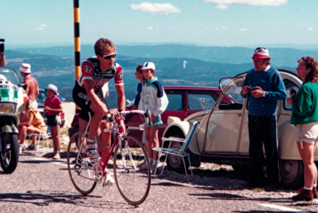 Andy Hampsten of the 7 Eleven Cycling Team team time trials up Mont Ventoux in 1987