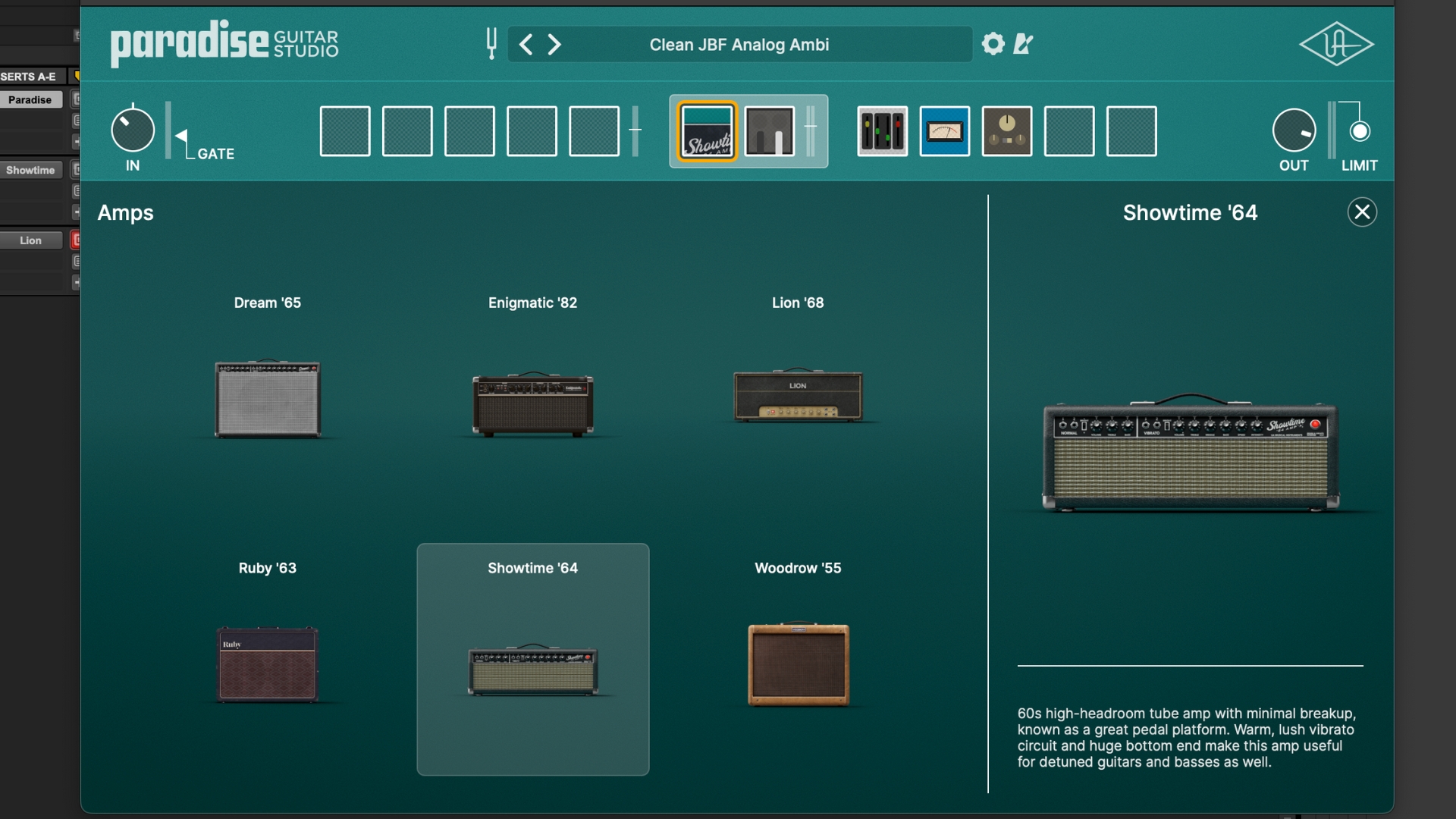 The amp selection screen of the Universal Audio Paradise Guitar Studio plugin