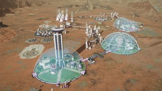 A screenshot of Surviving Mars: Relaunched, showing settlements covered by glass domes scattered across Mars' arid landscape.