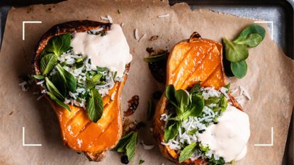 Roasted butternut squash pumpkin with rice tabbouleh, lemon tahini dressing and fresh herbs, an example of what to eat when learning how to start a plant-based diet