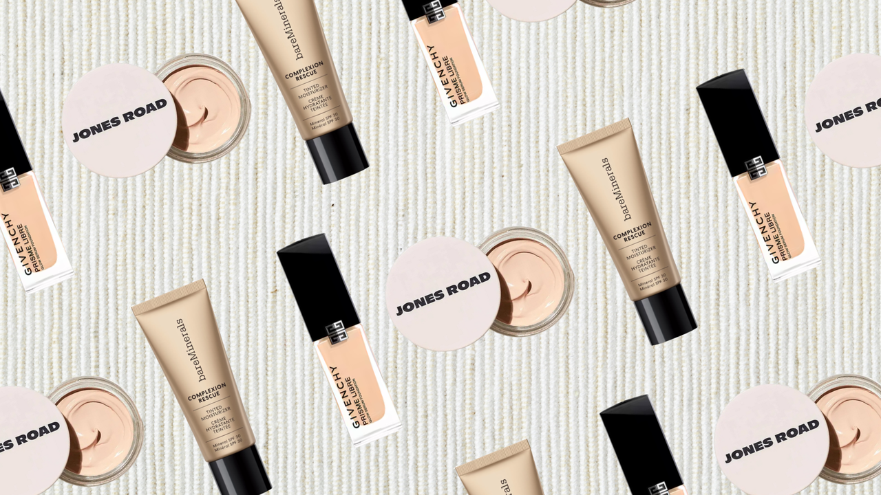 a cord textured backdrop with images of jones road what the foundation, bareminerals complexion rescue and givenchy prism libre 