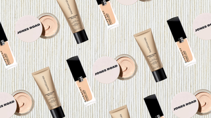 a cord textured backdrop with images of jones road what the foundation, bareminerals complexion rescue and givenchy prism libre 