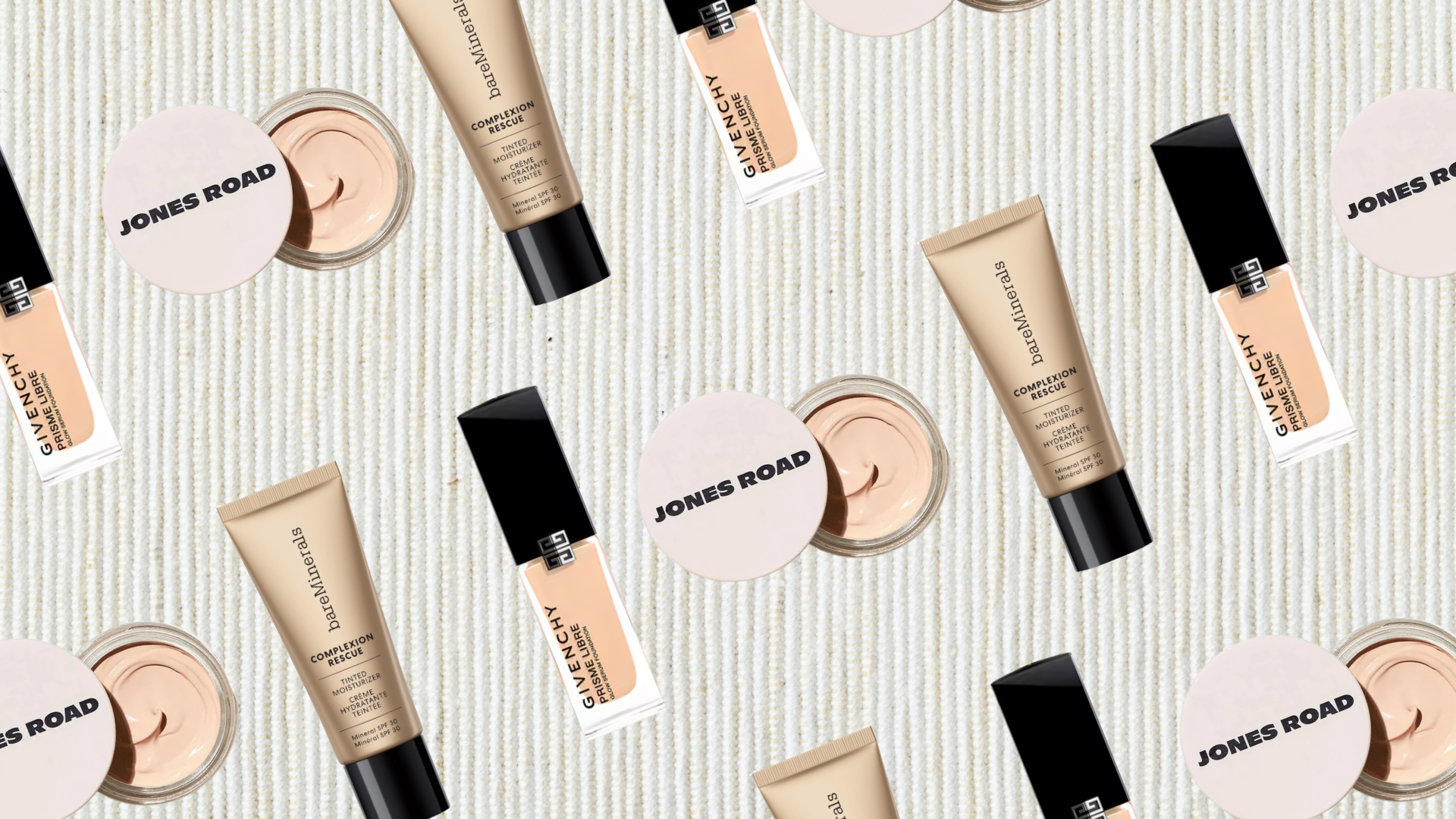 a cord textured backdrop with images of jones road what the foundation, bareminerals complexion rescue and givenchy prism libre 