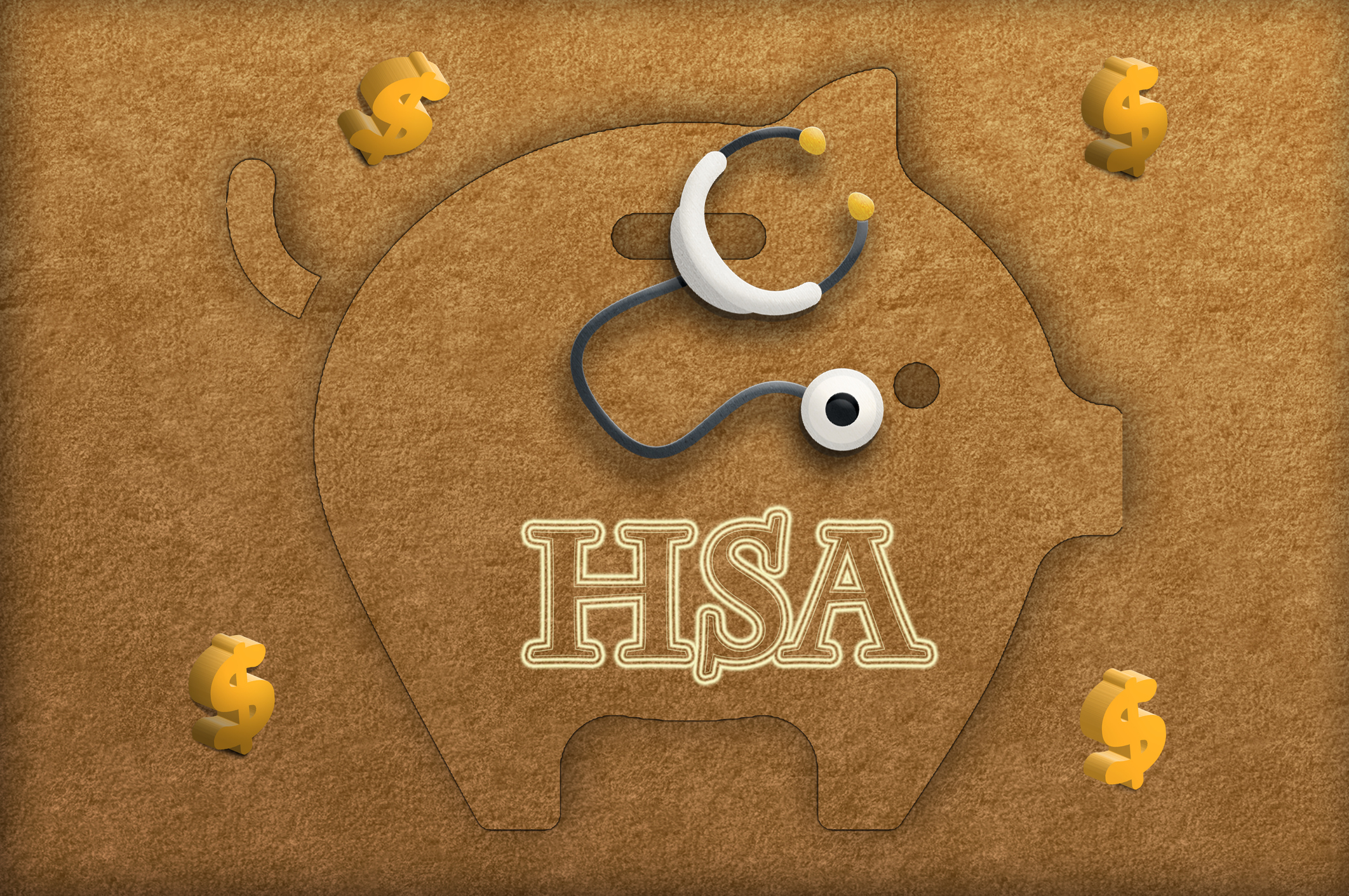 rendering of a piggy bank with the word HSA and a stethoscope on it