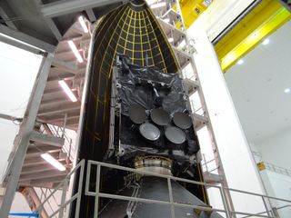 The Air Force's fifth Wideband Global SATCOM (WGS-5) satellite is encapsulated inside a United Launch Alliance Delta 4 5-meter diameter payload fairing for a May 2013 launch from Cape Canaveral Air Force Base, Florida.