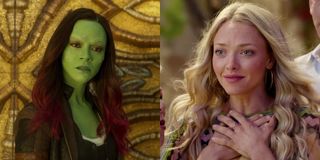 Zoe Saldana as Gamora in Guardians of the Galaxy, Amanda Seyfried in Mamma Mia 2
