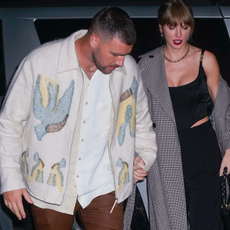 Travis Kelce and Taylor Swift arrive at SNL Afterparty on October 15, 2023 in New York City