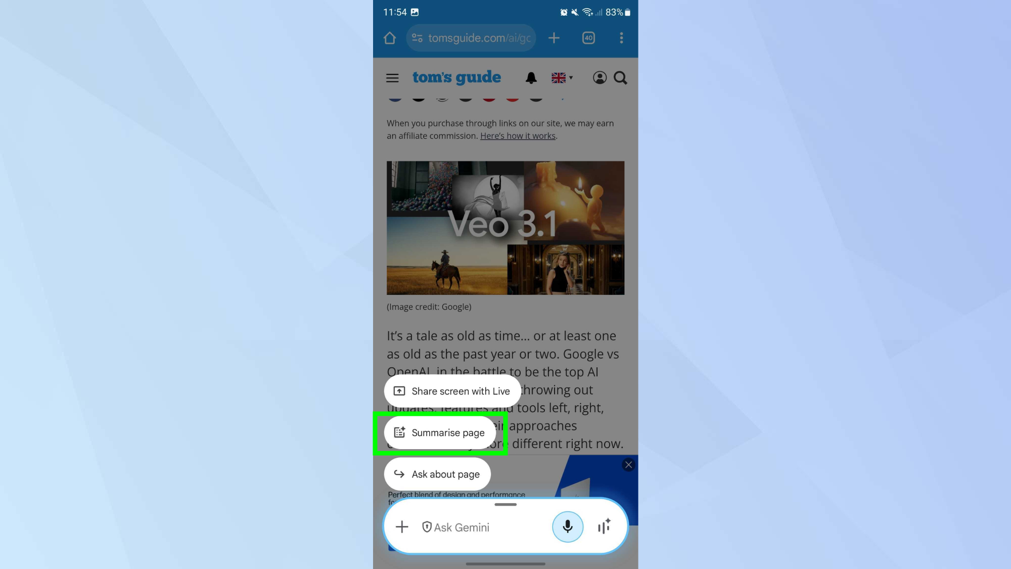 Gemini Summarise page on Android