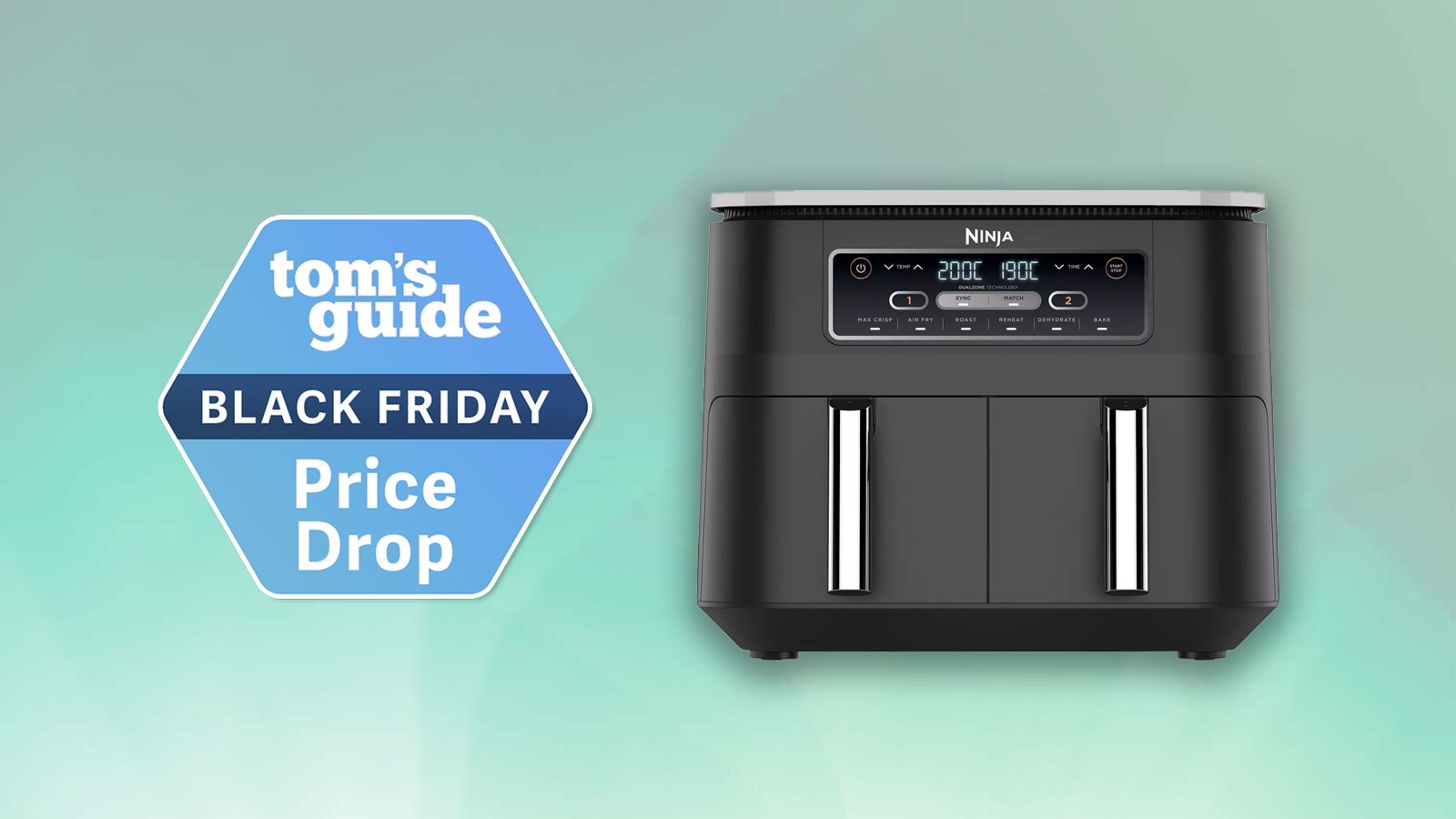 the ninja foodi dual zone air fryer on a green background with a blue tom&#039;s guide deal badge