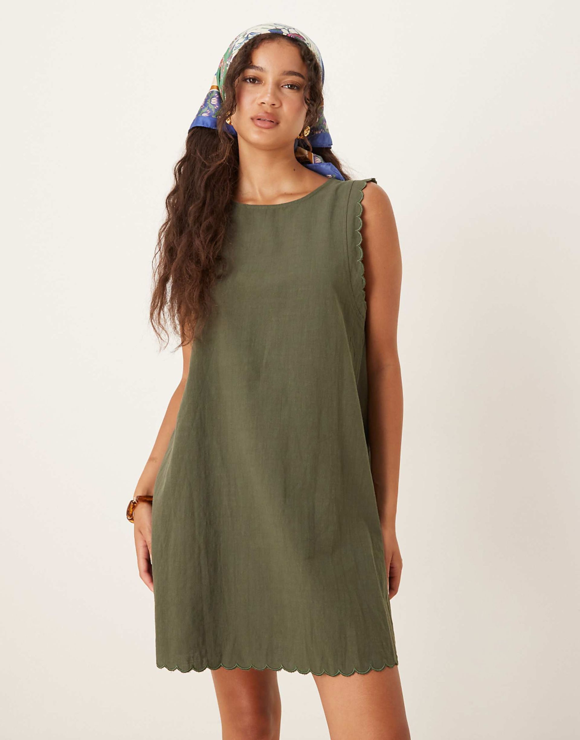 Vila Scallop Edge Cotton Mini Dress in Khaki