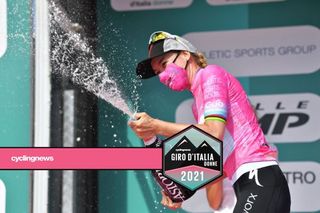 MONTE MATAJUR ITALY JULY 10 Anna Van Der Breggen of Netherlands and Team SD Worx Pink Leader Jersey celebrates at podium during the 32nd Giro dItalia Internazionale Femminile 2021 Stage 9 a 1226km stage from FelettoUmberto to Monte Matajur 1267m Champagne GiroDonne UCIWWT on July 10 2021 in Monte Matajur Italy Photo by Luc ClaessenGetty Images
